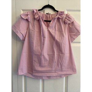 Patty Kim Pink Striped Blouse Medium Ruffle Neck Cottagecore Feminine